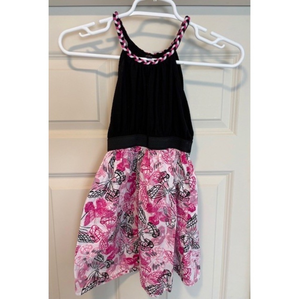 Lilt dress, girls size 7, rope collar, black top, butterfly print skirt